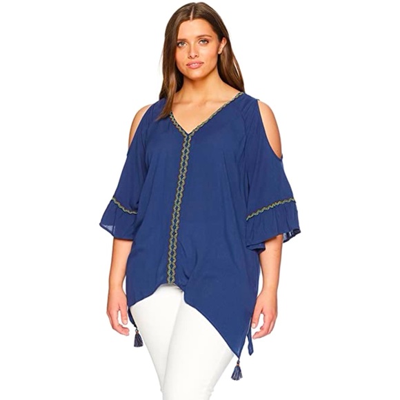 Democracy Tops - DEMOCRACY Blue Cold Shoulder Handkerchief Hem Top